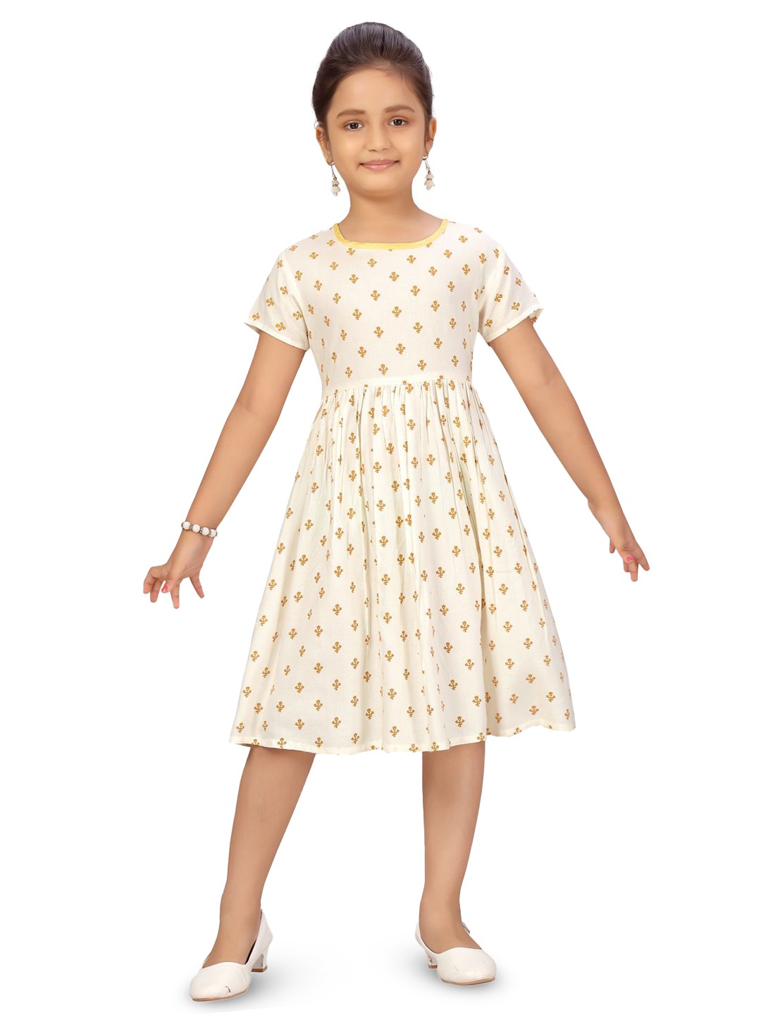 

HERE&NOW Girls Floral Printed Cotton Fit & Flare Dress, White