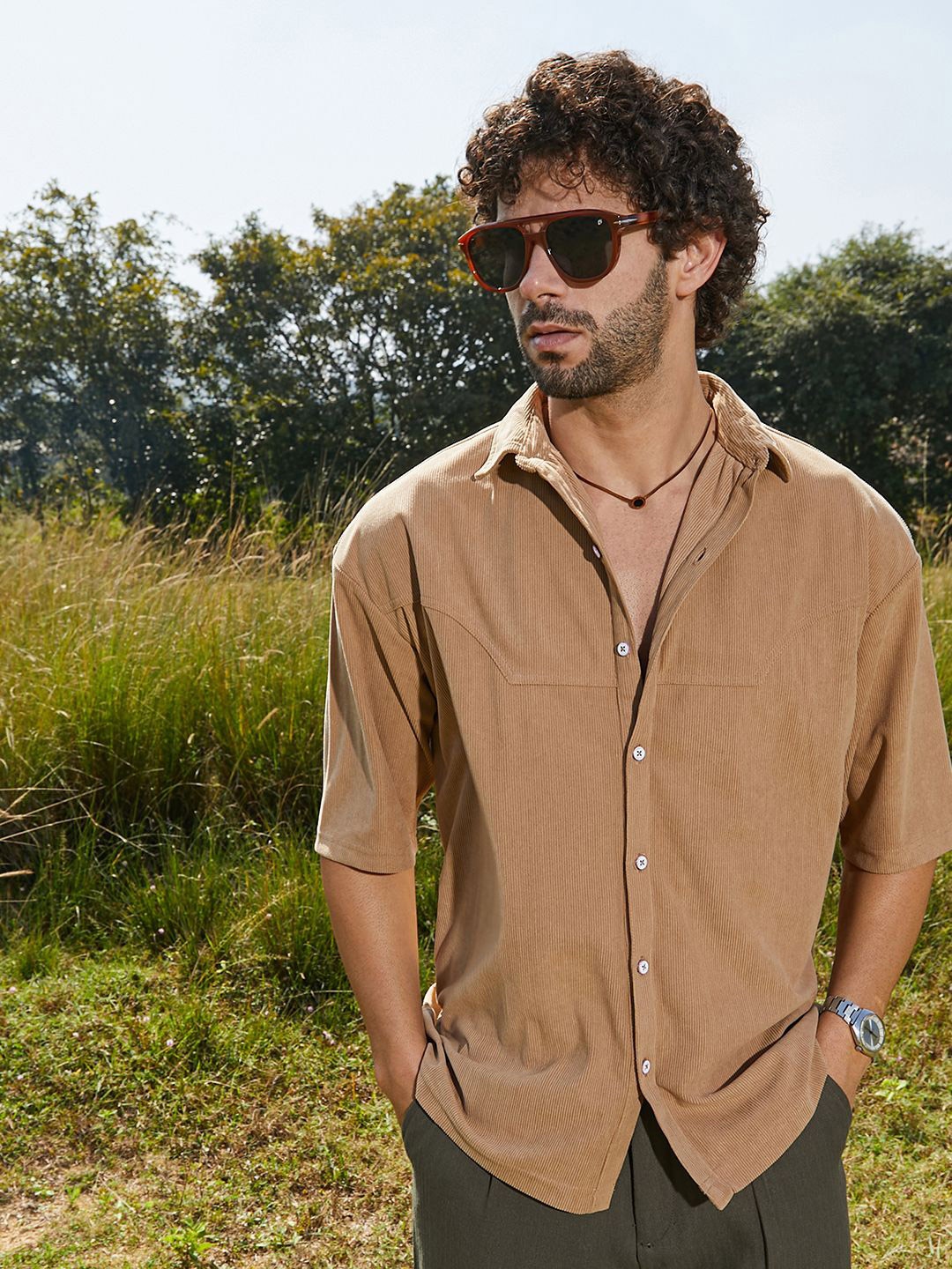 

Campus Sutra Men Comfort Relaxed Fit Spread Collar Textured Cotton Casual Shirt, Beige