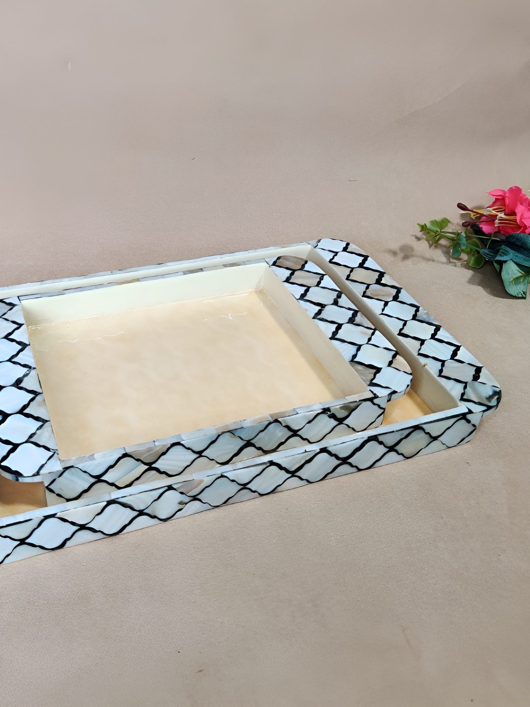 

THE HOME CO. Blue & Beige 2 Pieces Printed MDF Rectangle Shaped Serving Trays