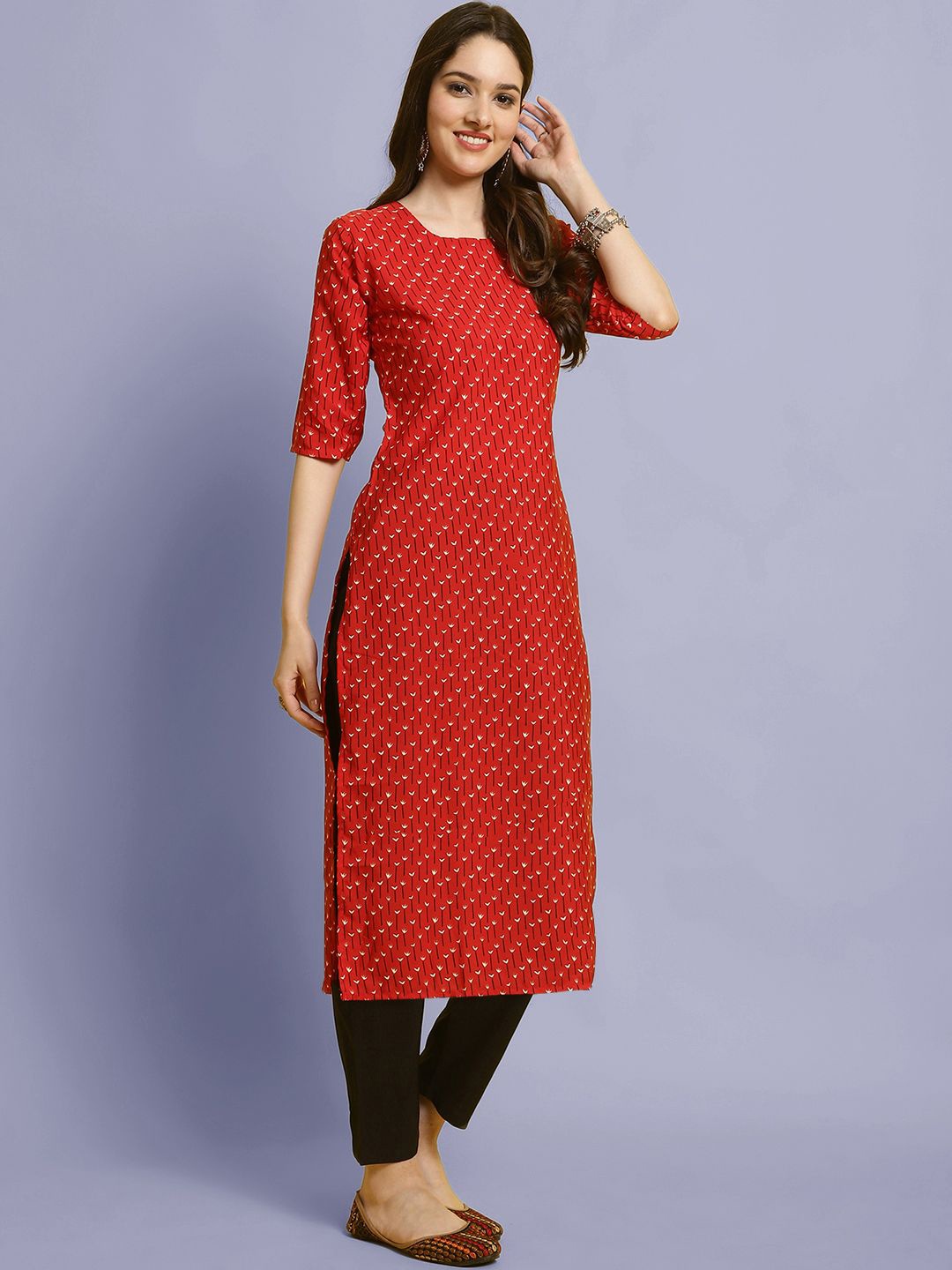 

Moda Rapido Floral Printed Round Neck Straight Kurta With Trousers, Red