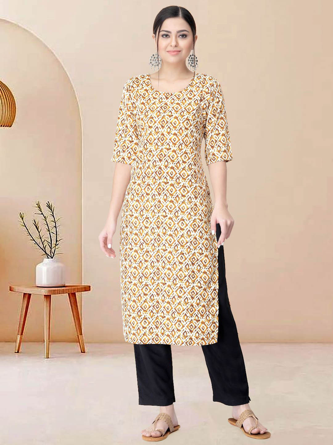 

Moda Rapido Ethnic Motifs Printed Round Neck Straight Kurta With Trousers, Yellow