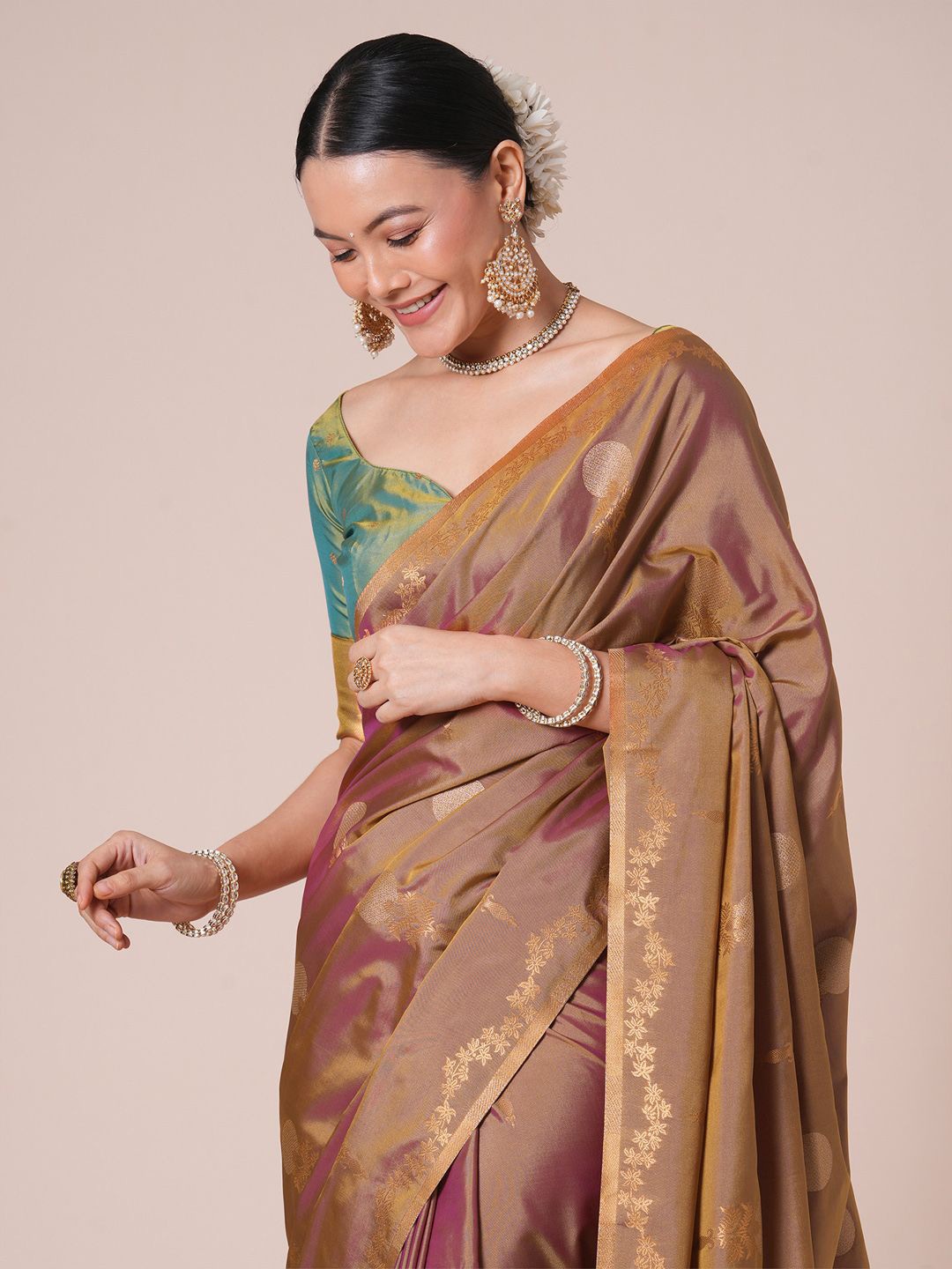 

House of Pataudi Ethnic Motifs Woven Design Pure Silk Jamdani Saree With Blouse Piece, Brown