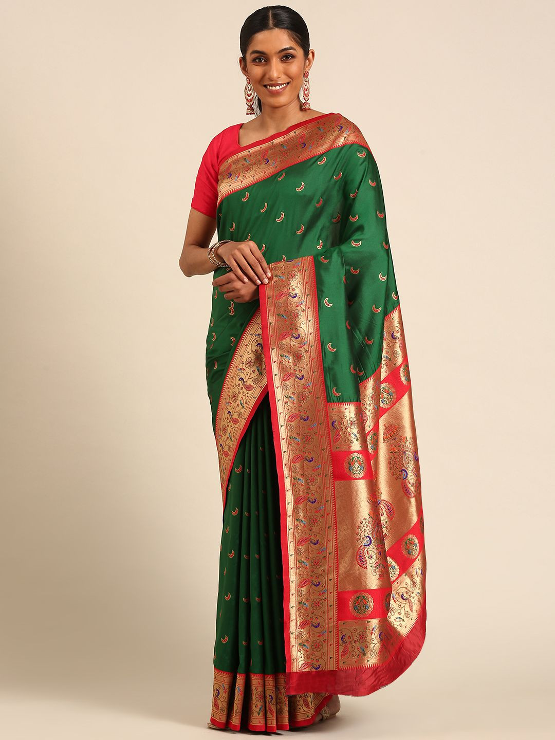 

Panzora Woven Design Zari Silk Blend Paithani Saree, Green