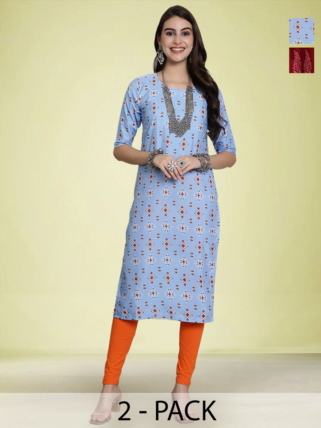 

Moda Rapido Selection of 2 Ethnic Motifs Printed Round Neck Kurta, Blue