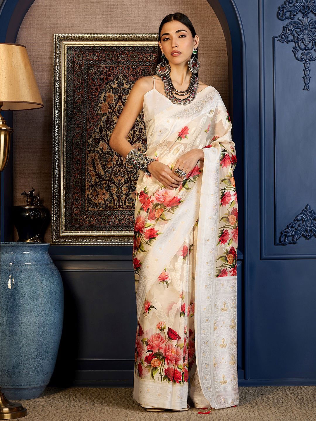 

Mitera Floral Woven Design Zari Muga Saree, Beige