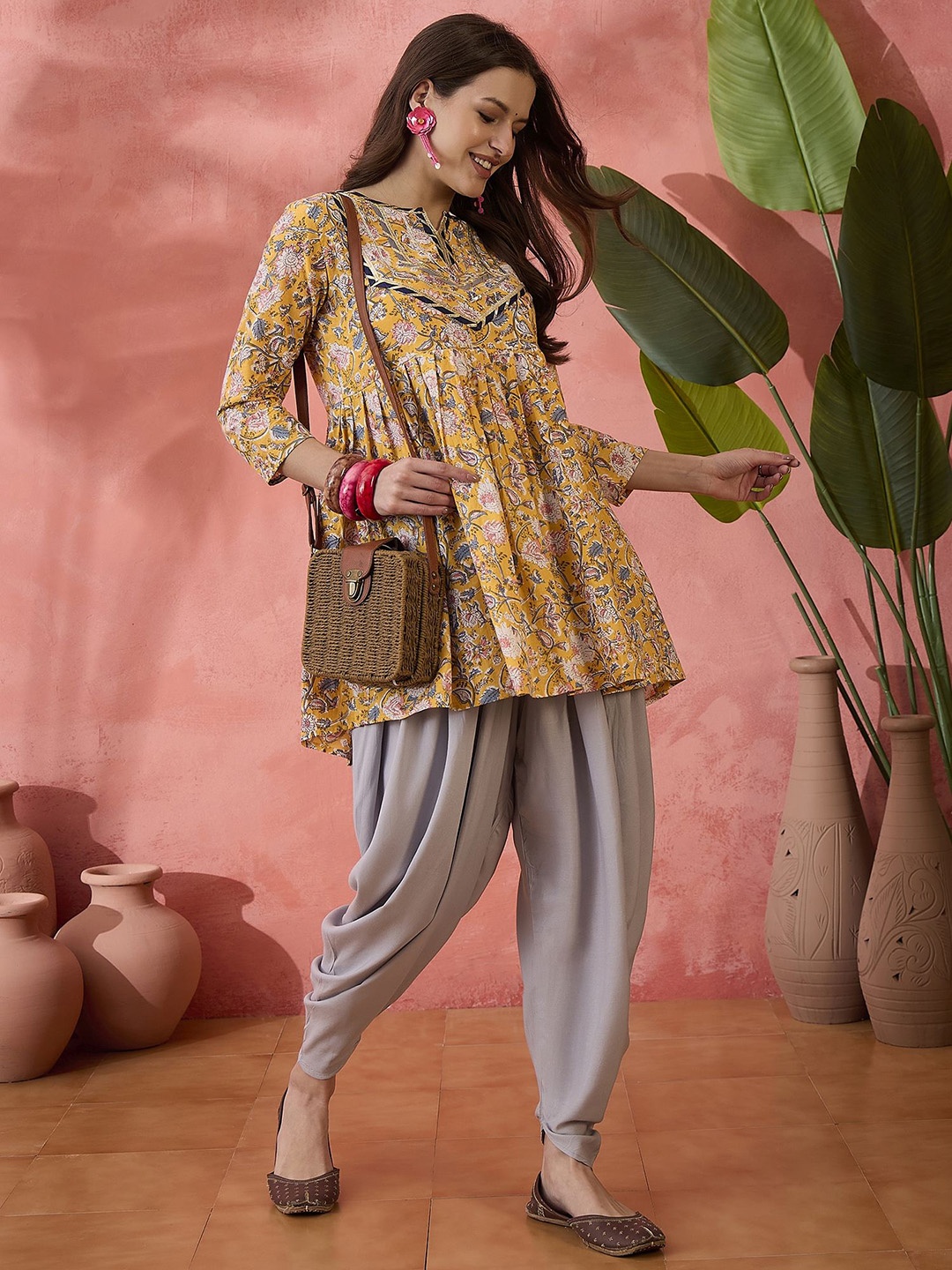 

Sangria Mustard Floral Printed Pure Cotton Empire Style Anarkali Kurti & Dhoti Pant Set