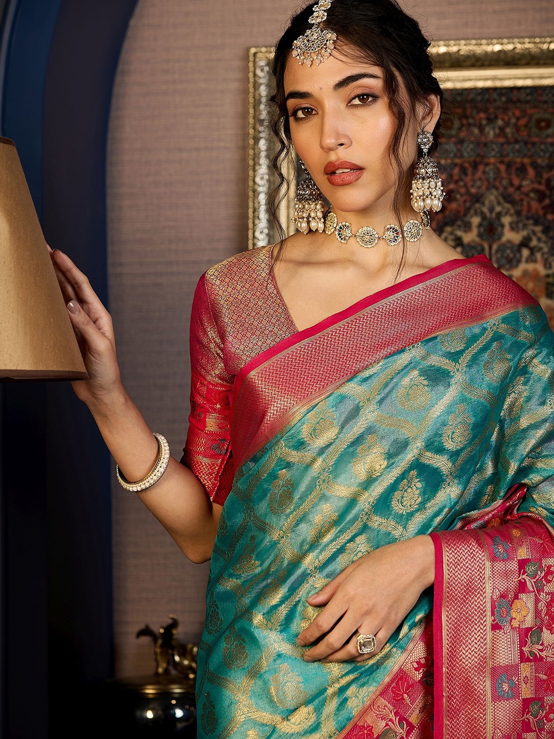 

Sangria Rama Woven Design Organza With Zari Saree With Unstitched Blouse, Green