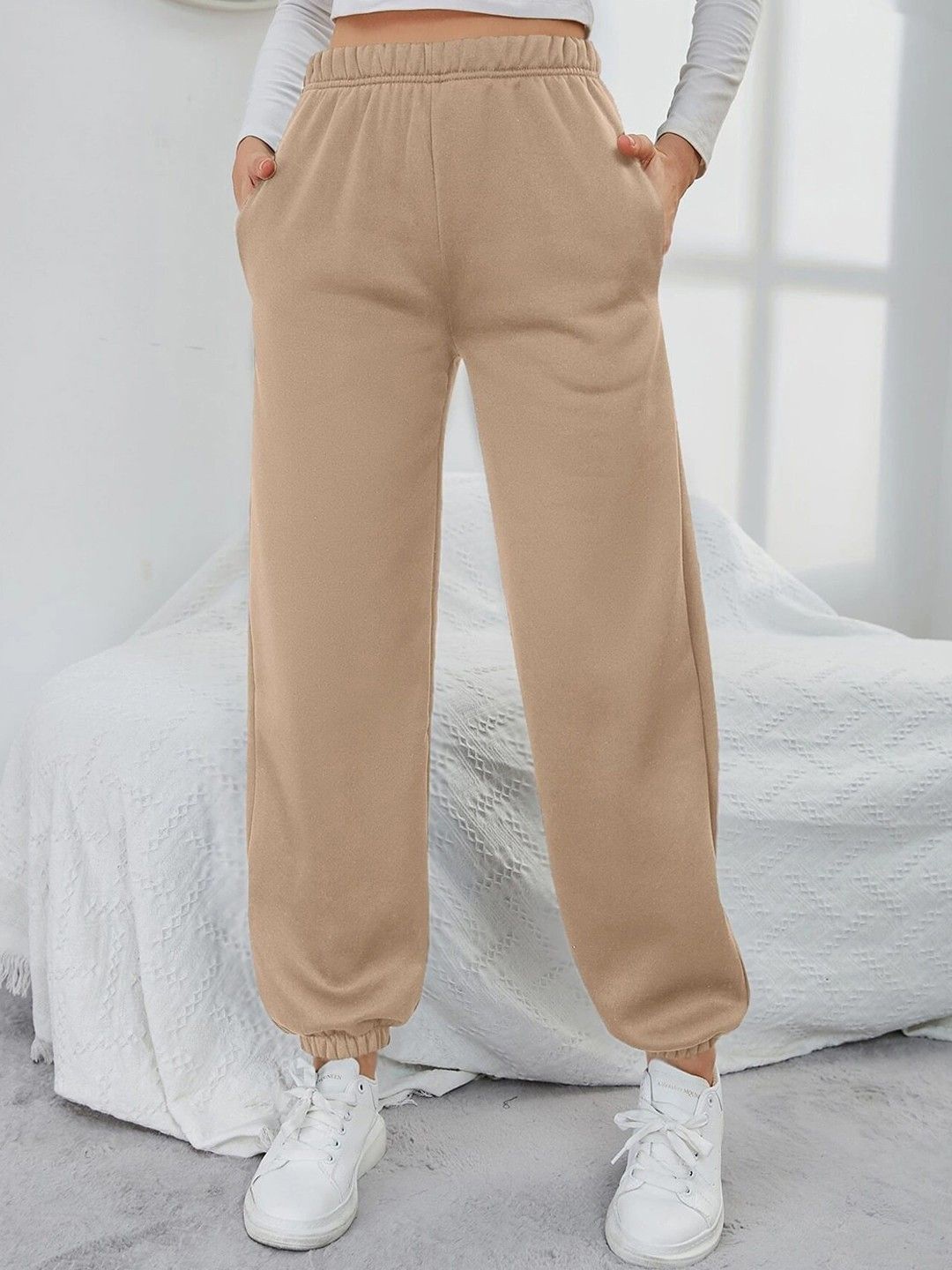 

BAESD Women Original Loose Fit Easy Wash Pleated Joggers Trousers, Beige