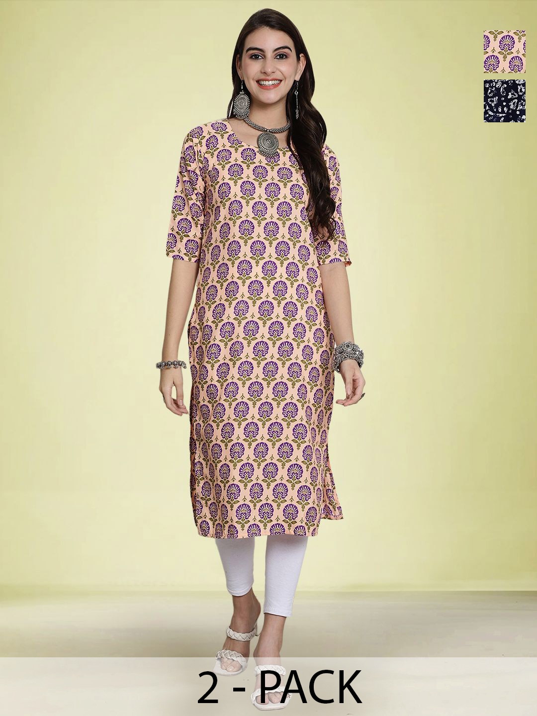 

Moda Rapido Selection Of 2 Floral Printed Round Neck Straight Kurtas, Peach
