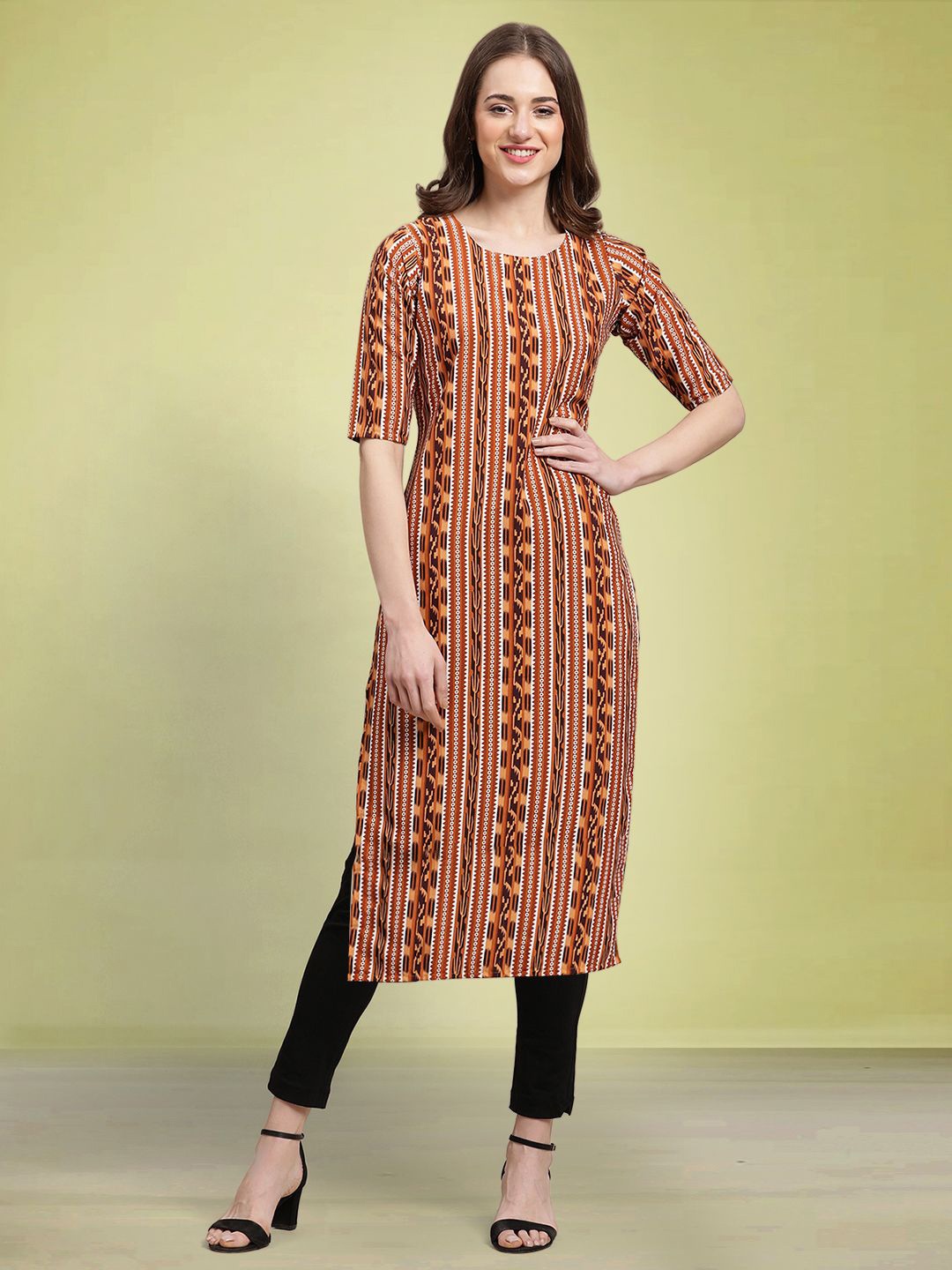 

Moda Rapido Ethnic Motifs Printed Round Neck Straight Kurta, Rust