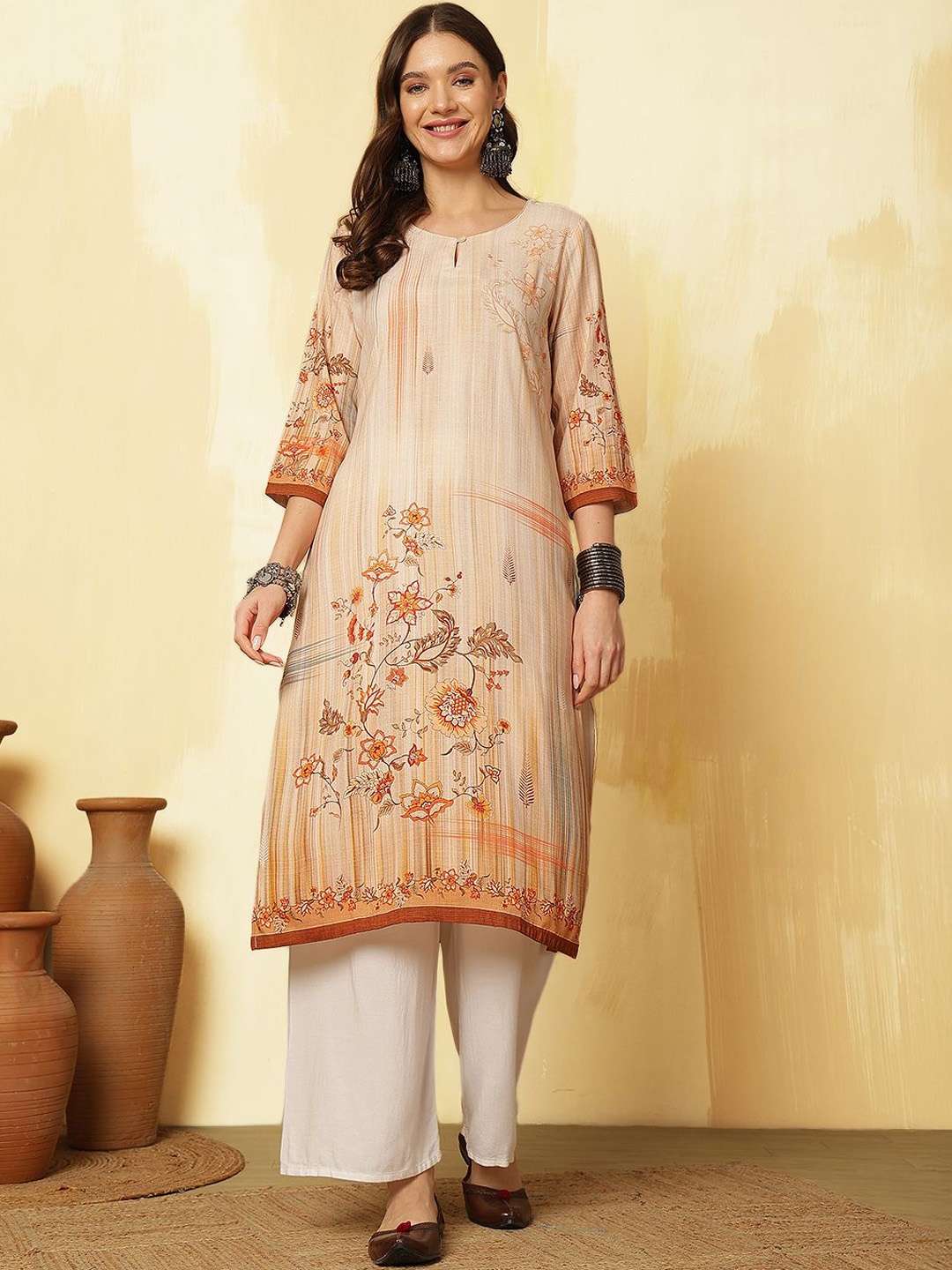 

Anouk Beige and Brown Floral Printed Keyhole Neck Straight Kurta