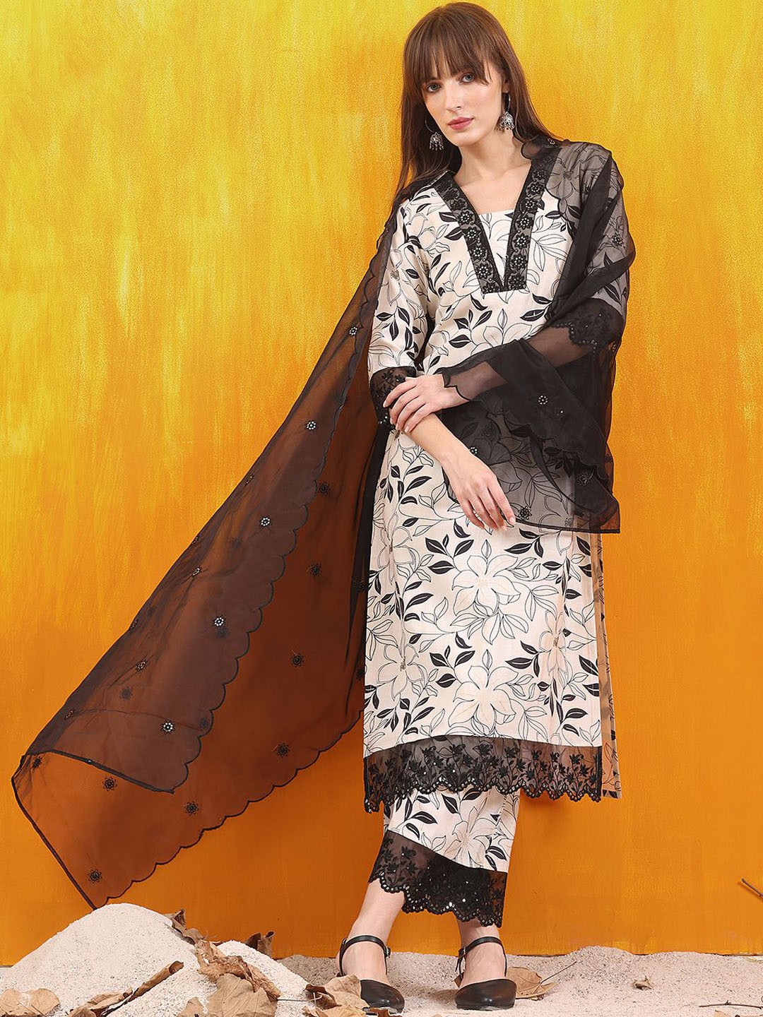 

KALINI Floral Yoke Design V-Neck Straight Kurta With Trousers & Dupatta, White