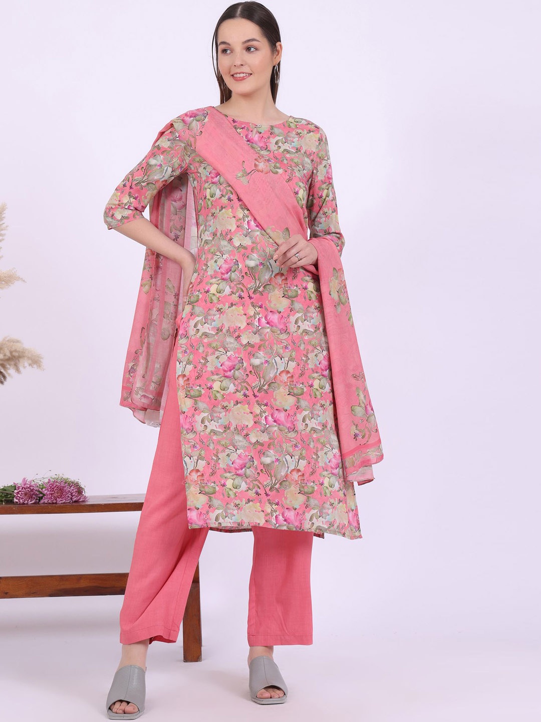

AURELIA Floral Printed Straight Kurta With Trousers And Dupatta, Pink