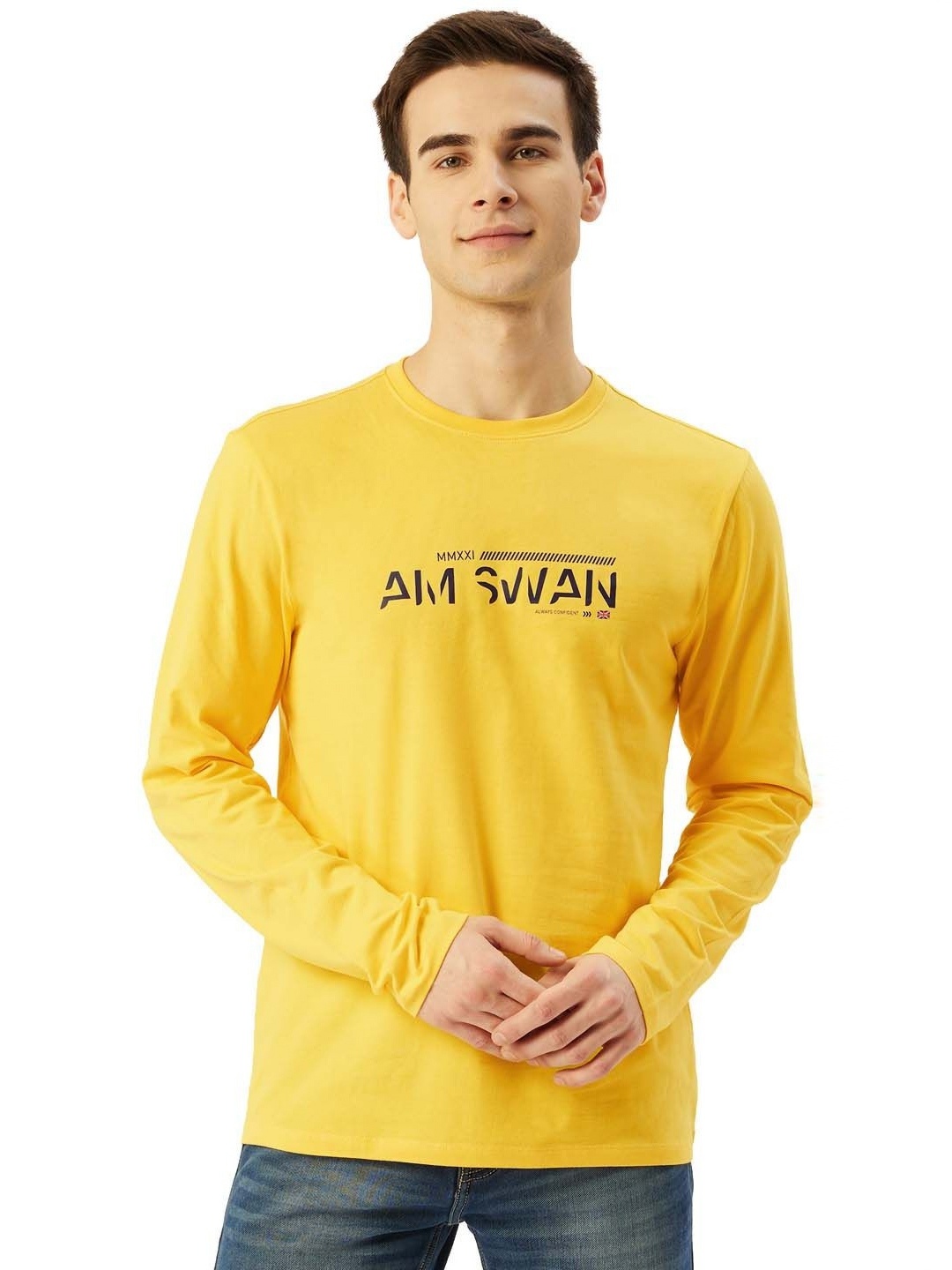 

AMSWAN Men Typography Printed Applique T-shirt, Yellow