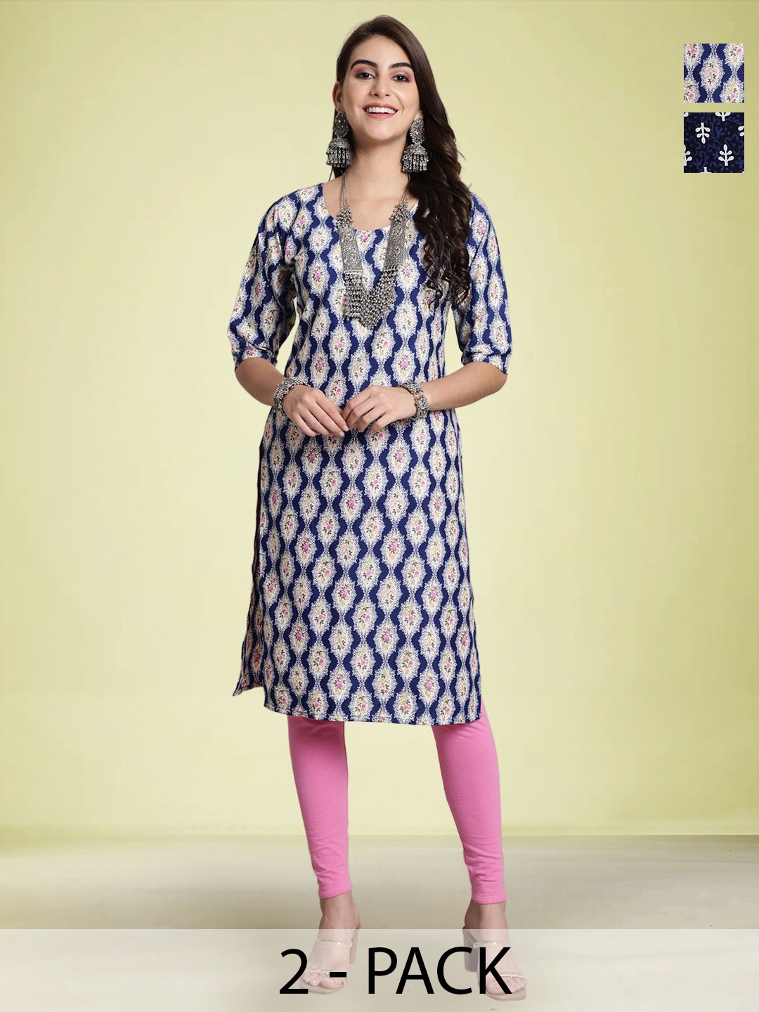 

Moda Rapido Selection of 2 Floral Printed Round Neck Straight Kurtas, Navy blue