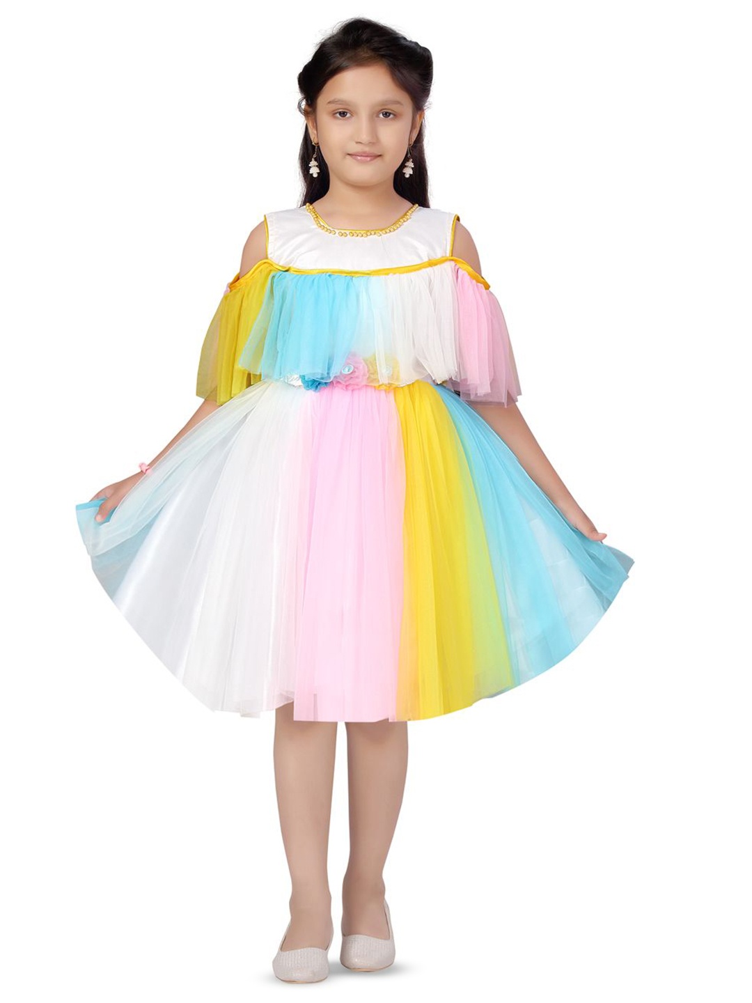 

HERE&NOW Girls Colourblocked Fit & Flare Knee Length Dress, White