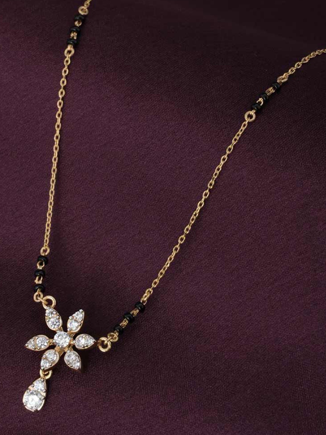 

PALMONAS 925 Sterling Silver Gold-Plated Stones and Beads Floral Solitaire Mangalsutra