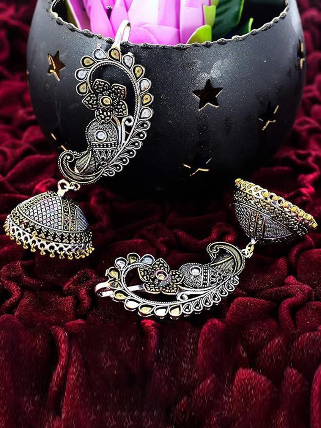 

Kezlin Silver-Plated Artificial Stones Studded & Beaded Oxidized Dome Shaped Jhumkas