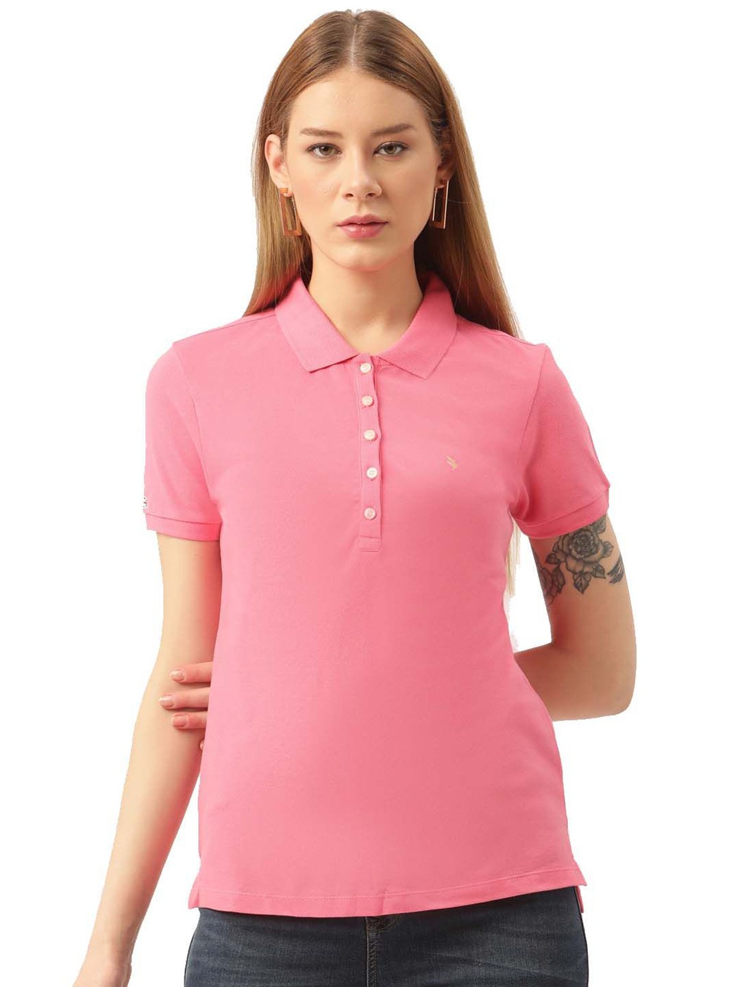 

AMSWAN Women Polo Collar Slim Fit Cotton T-shirt, Pink