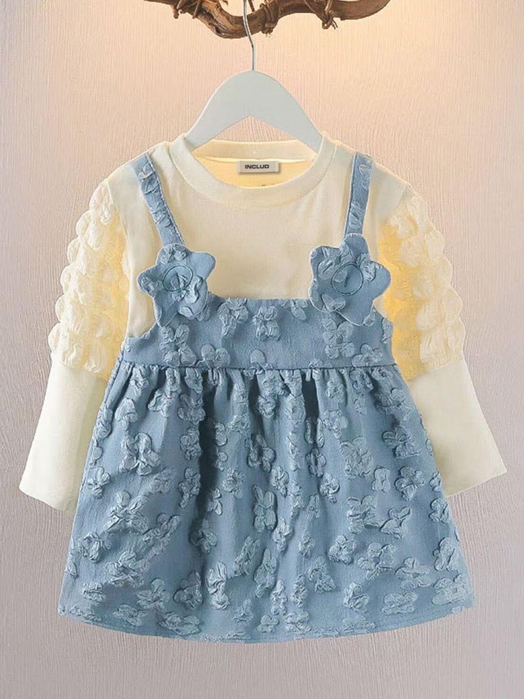 

INCLUD Girls Colourblocked Fit & Flare Knee Length Dress, Blue
