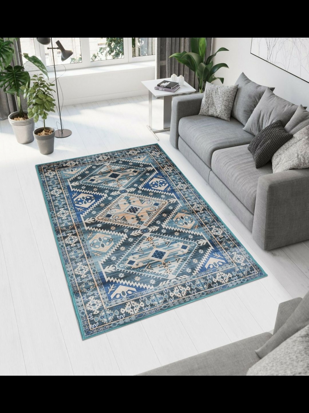 

MAA HOME CONCEPT Blue Floral Anti-Skid Woollen Carpet