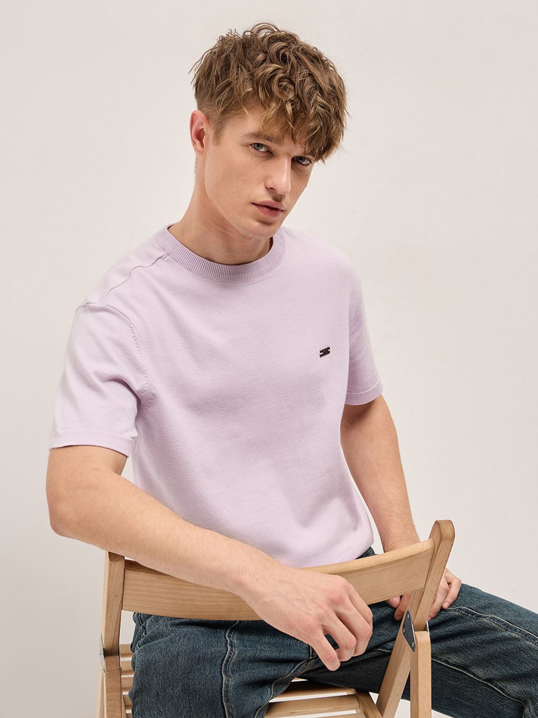 

THE BEAR HOUSE Men Solid Round Neck Cotton T-shirt, Lavender