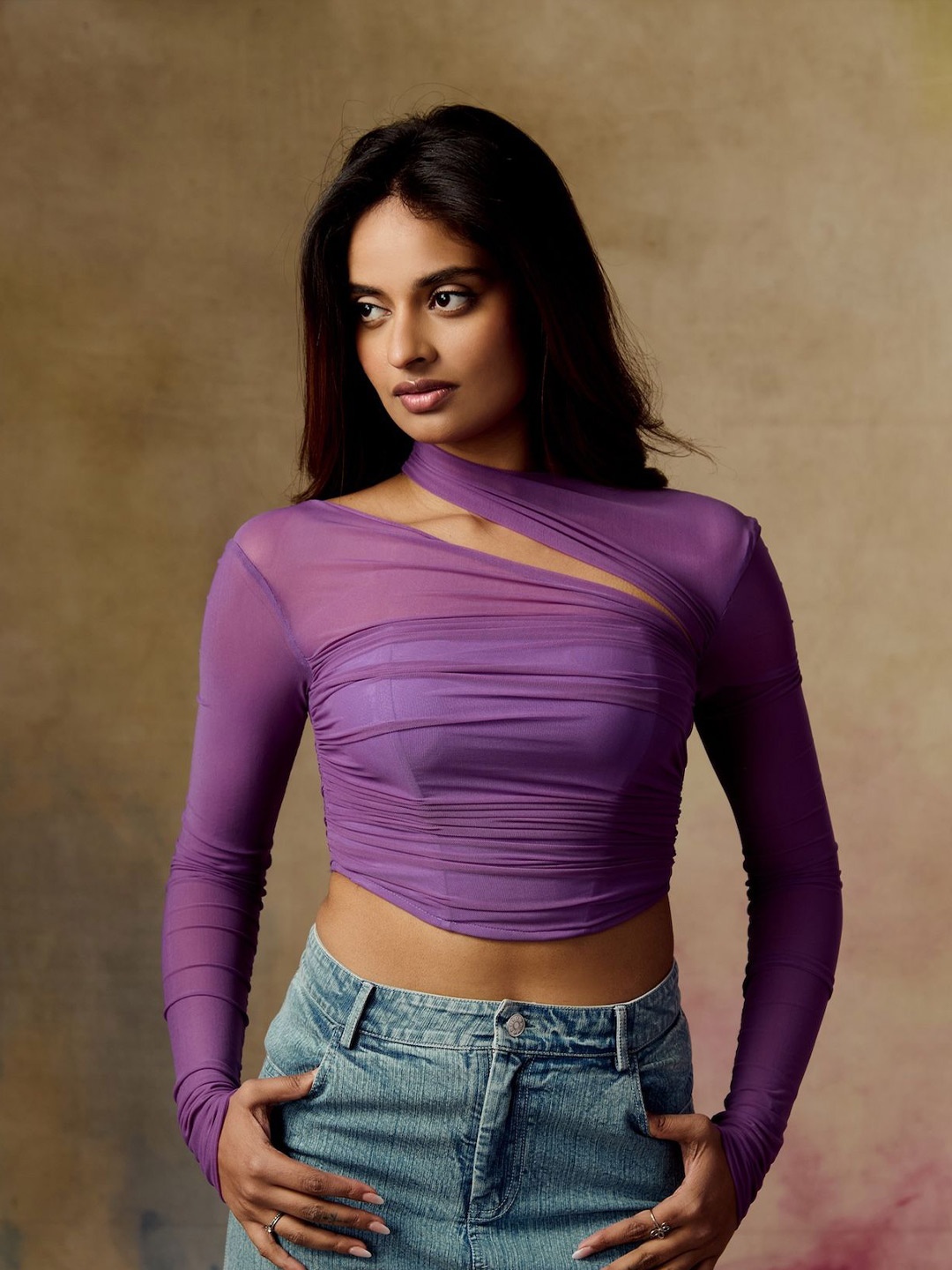 

Lea Clothing Co. One Shoulder Net Crop Top, Purple