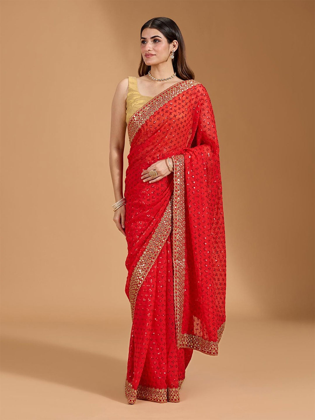 

LeeliPeeri Designer Floral Sequinned Pure Georgette Saree, Red