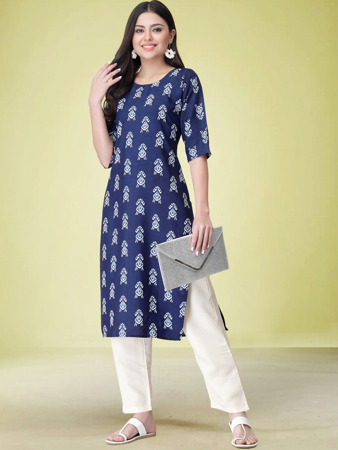 

Moda Rapido Ethnic Motifs Printed Round Neck Straight Kurta with Trouser, Blue