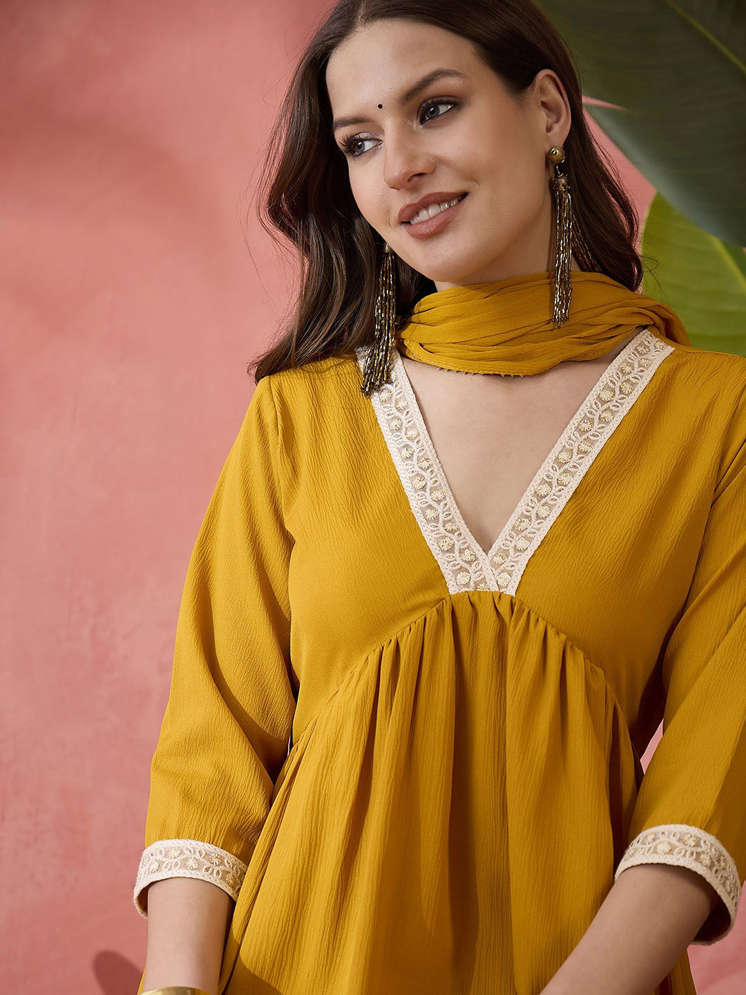 

Sangria Mustard Yoke Design Sequinned V-Neck A-Line Kurta With Trousers And Dupatta