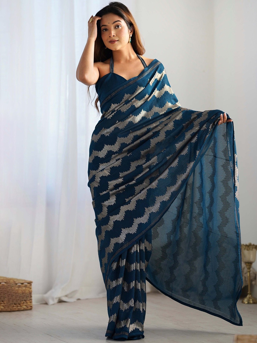 

MySilkLove Embellished Sequinned Pure Georgette Heavy Work Saree, Blue
