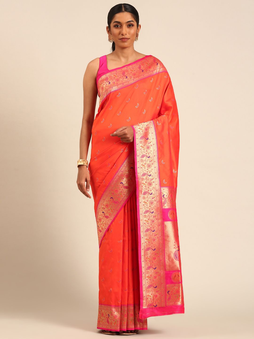 

Panzora Ethnic Motifs Zari Silk Blend Designer Paithani Saree, Orange