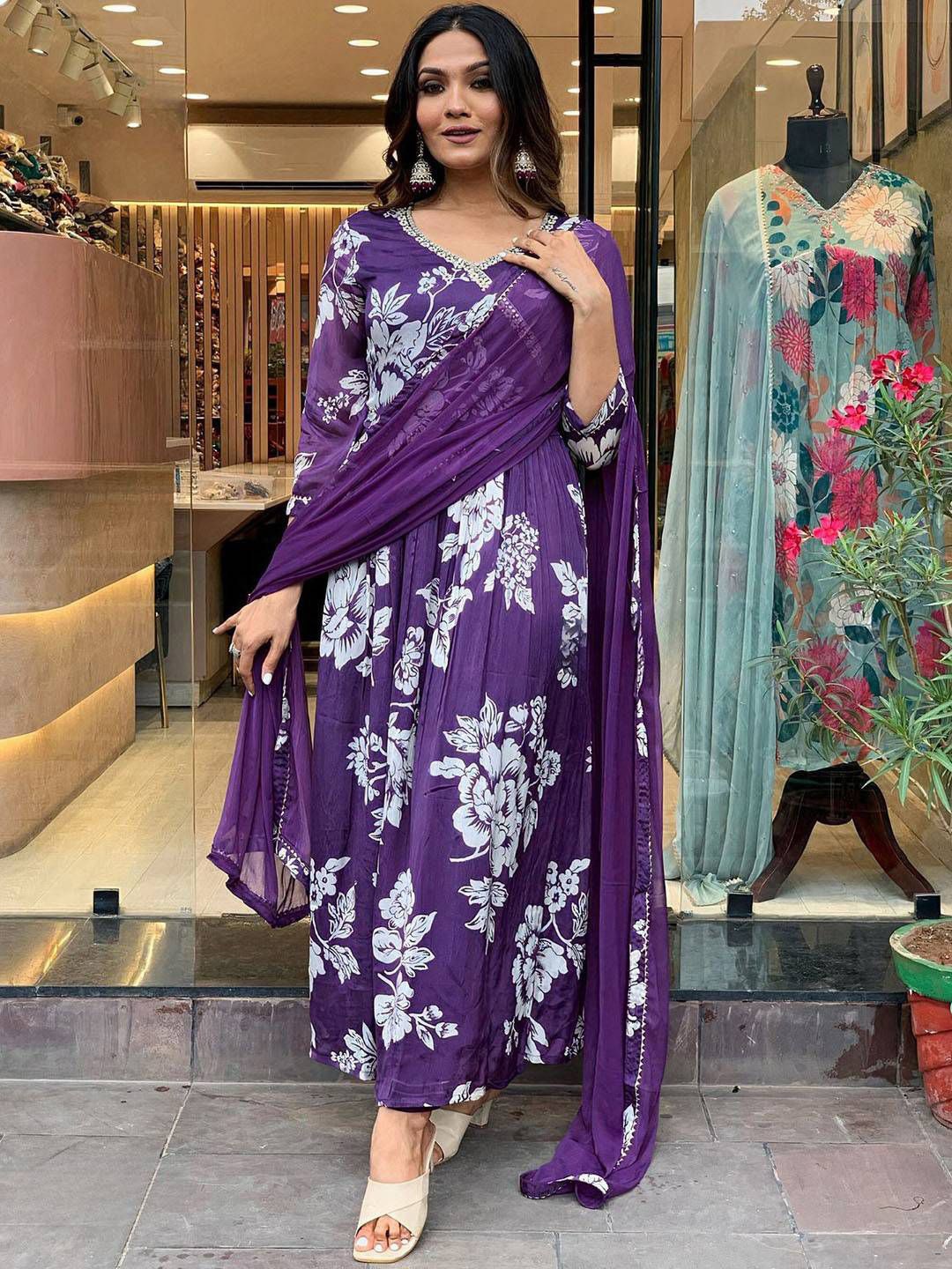 

FASHION DREAM Floral Printed V-Neck Angrakha Anarkali Kurta With Trousers & Dupatta, Violet