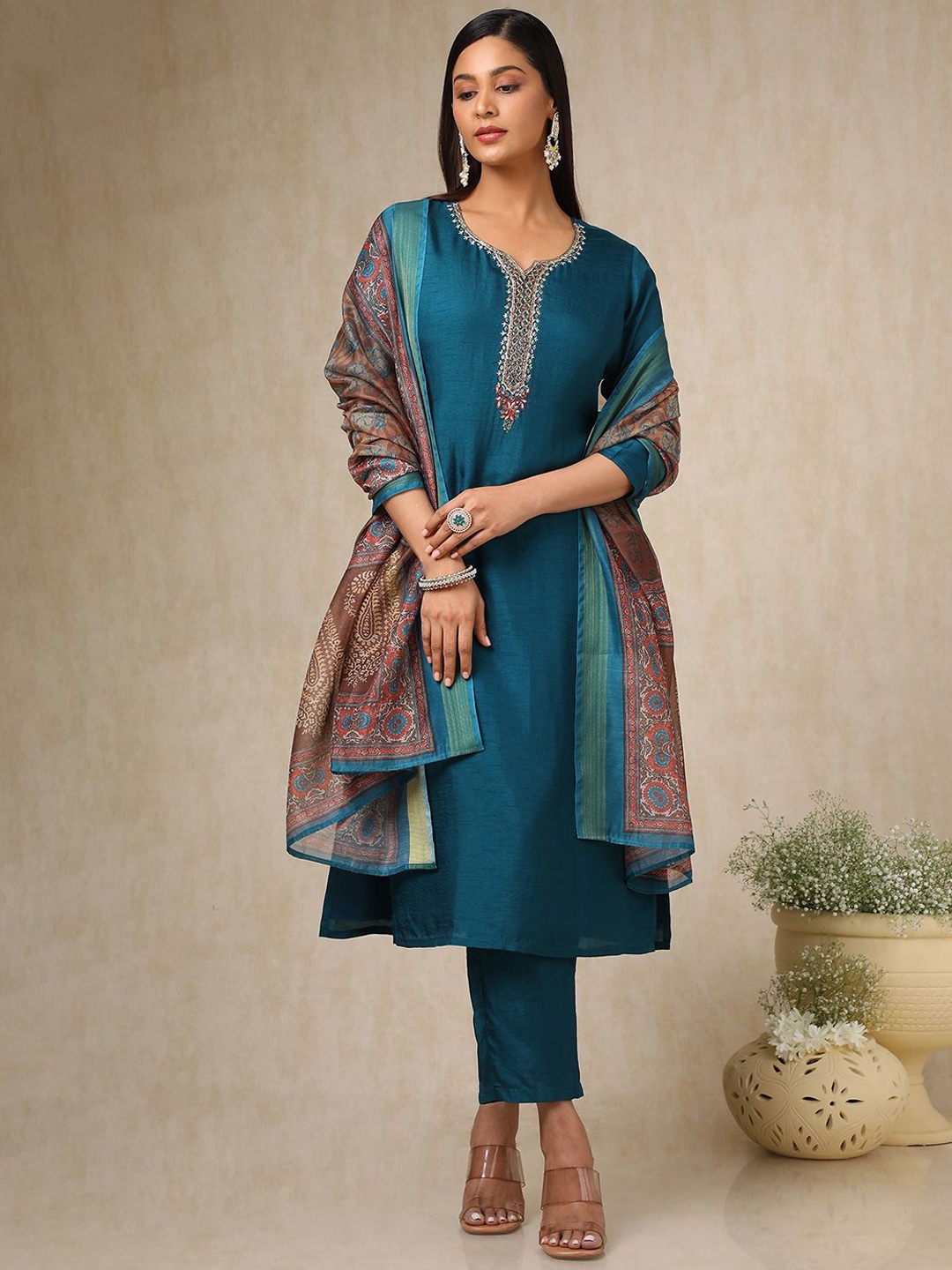 

Soch Women Yoke Design Regular Beads and Stones Kurta with Trousers & With Dupatta, Teal