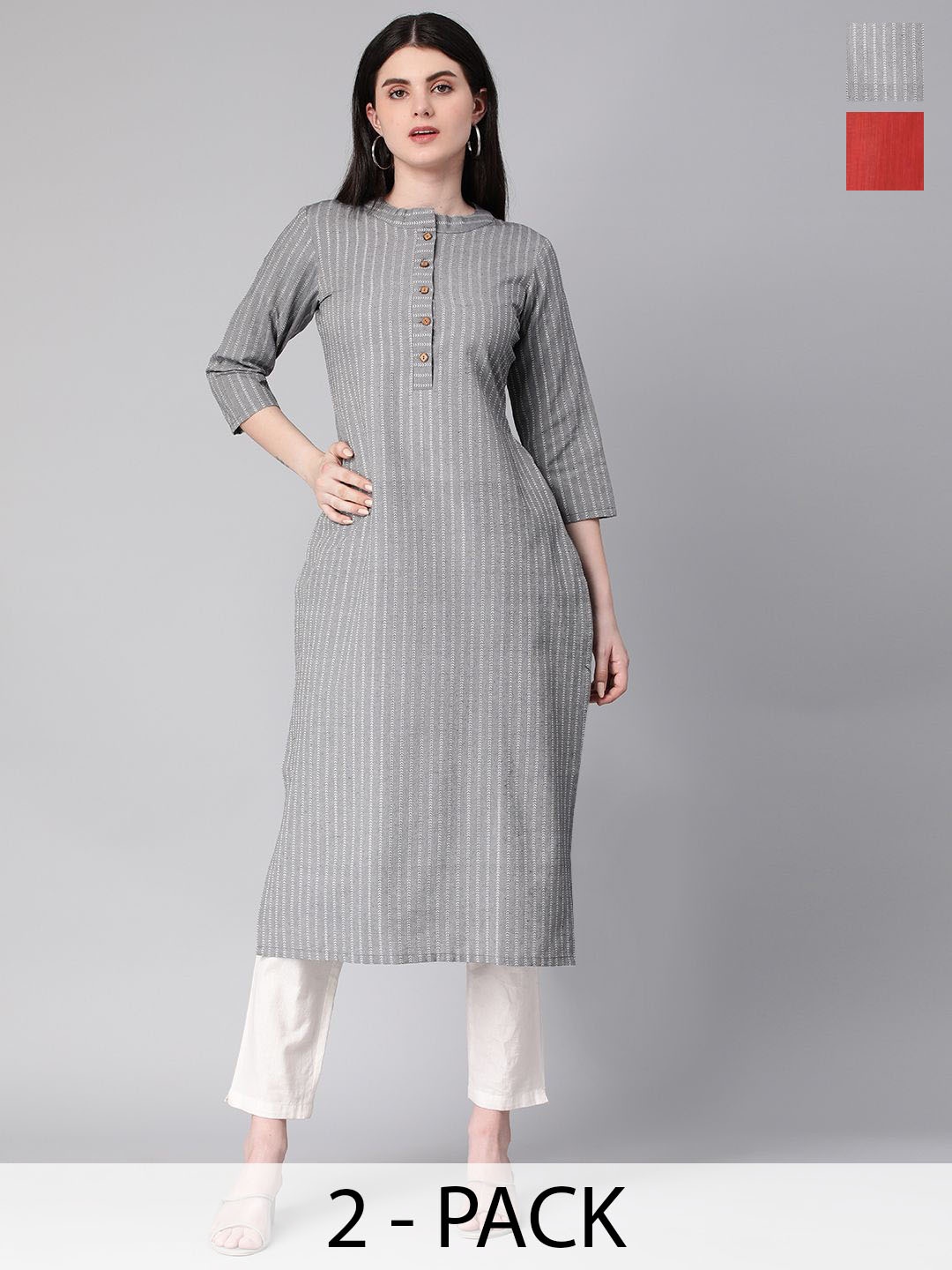 

KALINI Selection Of 2 Striped Round Neck Straight Kurtas, Grey