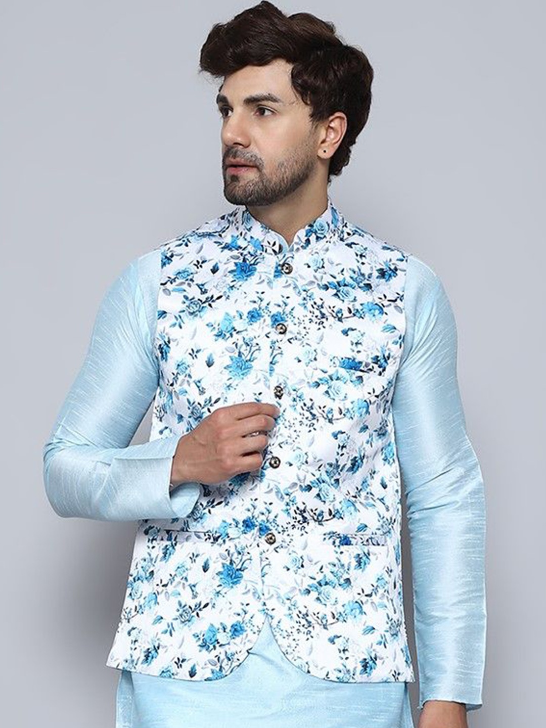 

BANHUSSAIN Printed Satin Nehru Jacket, White