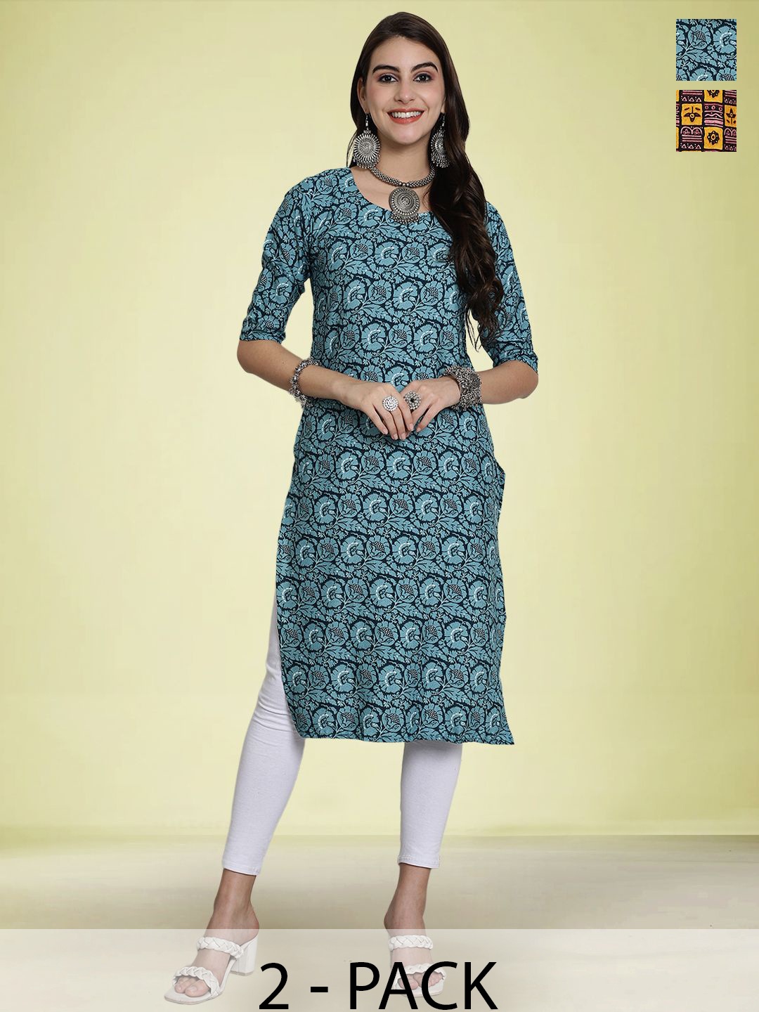 

Moda Rapido Selection Of 2 Floral Printed Round Neck Kurtas, Blue