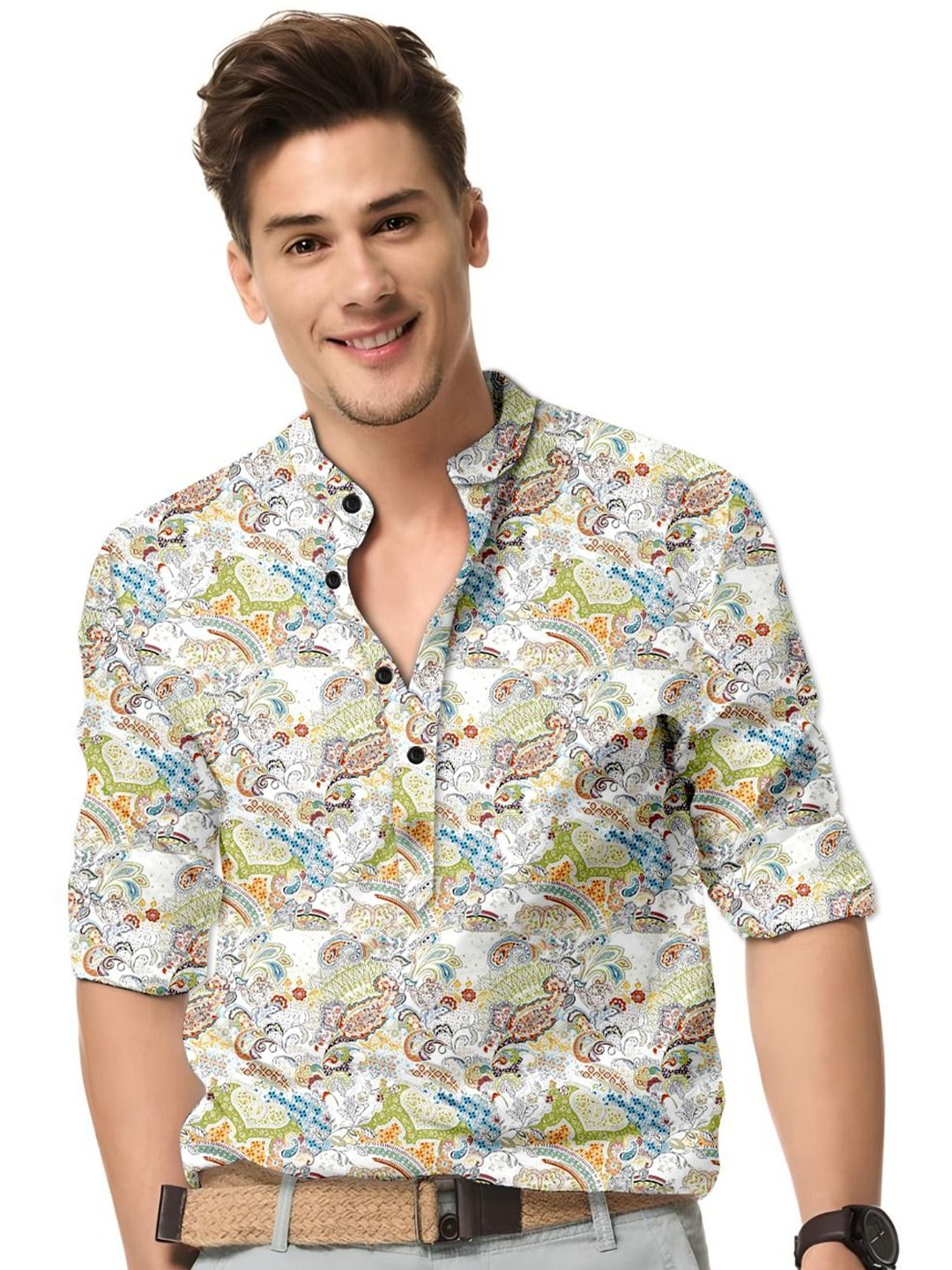 

ISUEL FAB Men Abstract Printed India Slim Fit Casual Shirt, Off white