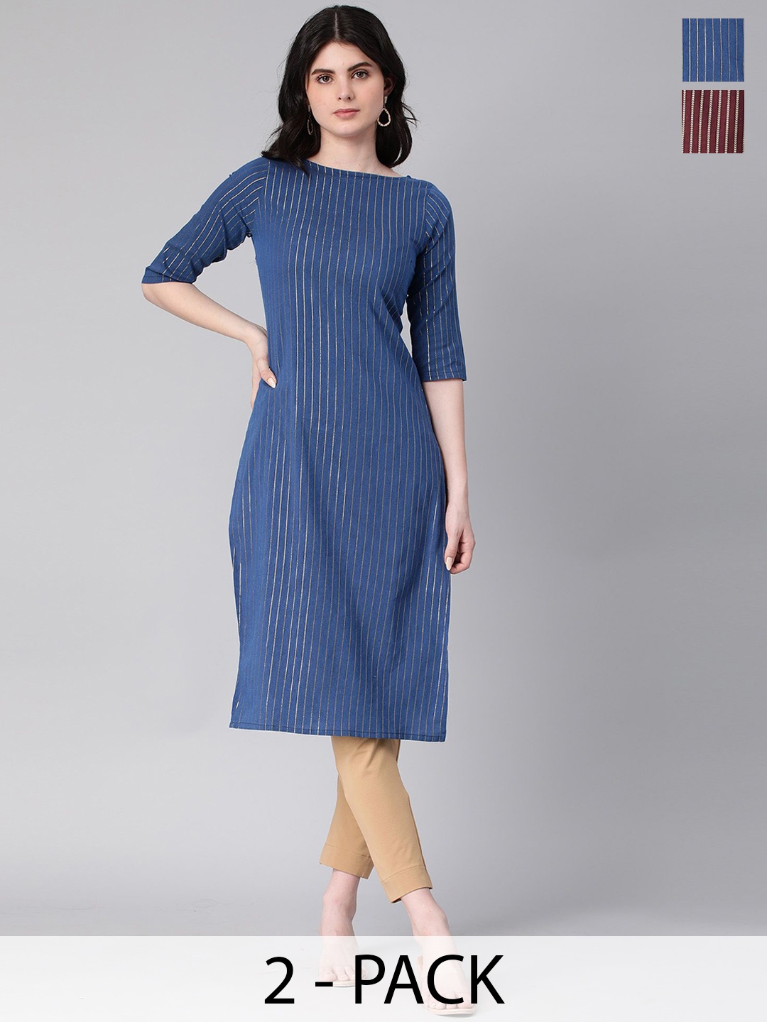 

KALINI Selection Of 2 Striped Thread Work Round Neck Straight Kurtas, Blue