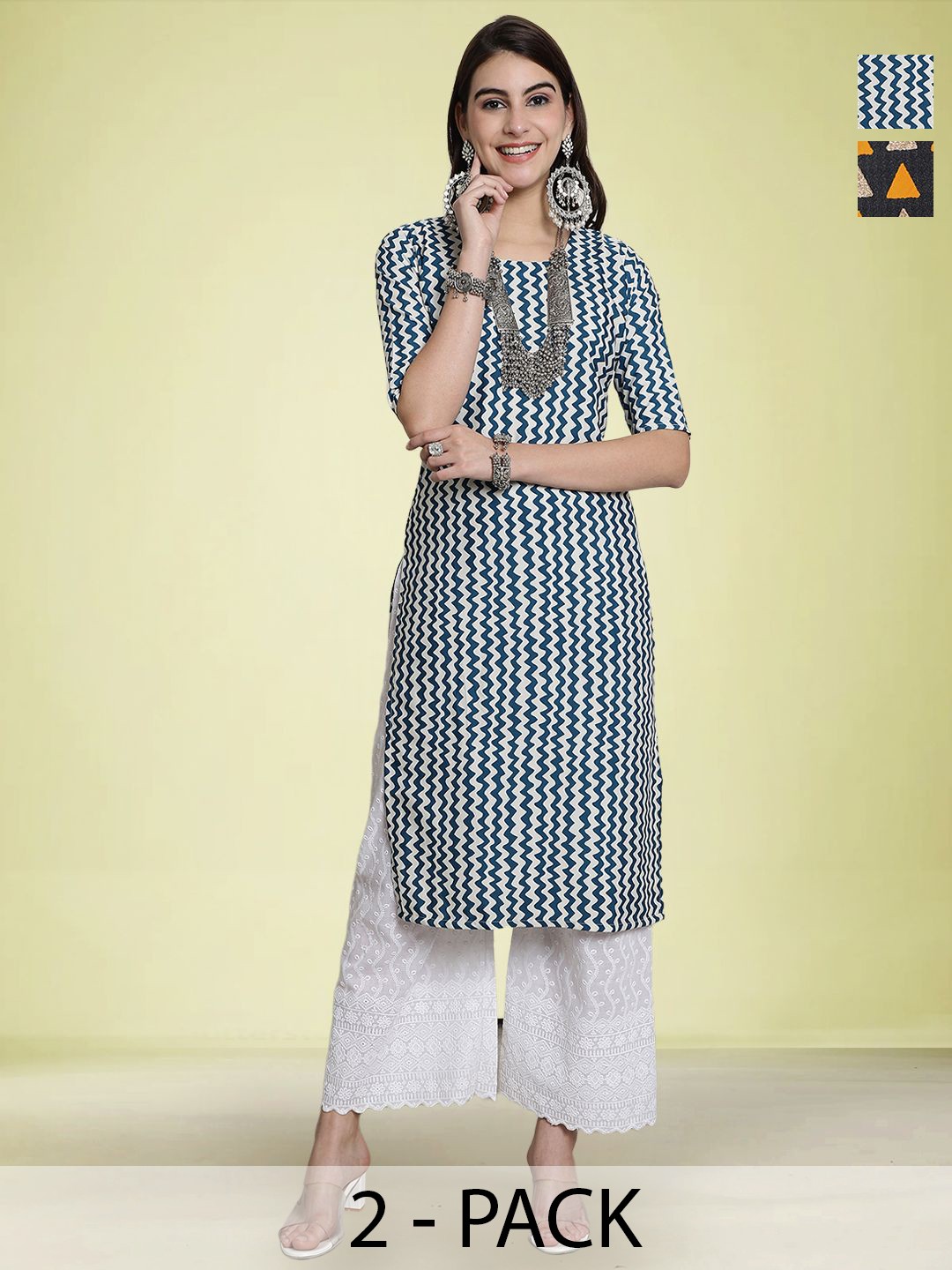 

Moda Rapido Selection Of 2 Chevron Printed Round Neck Straight Kurtas, Cream