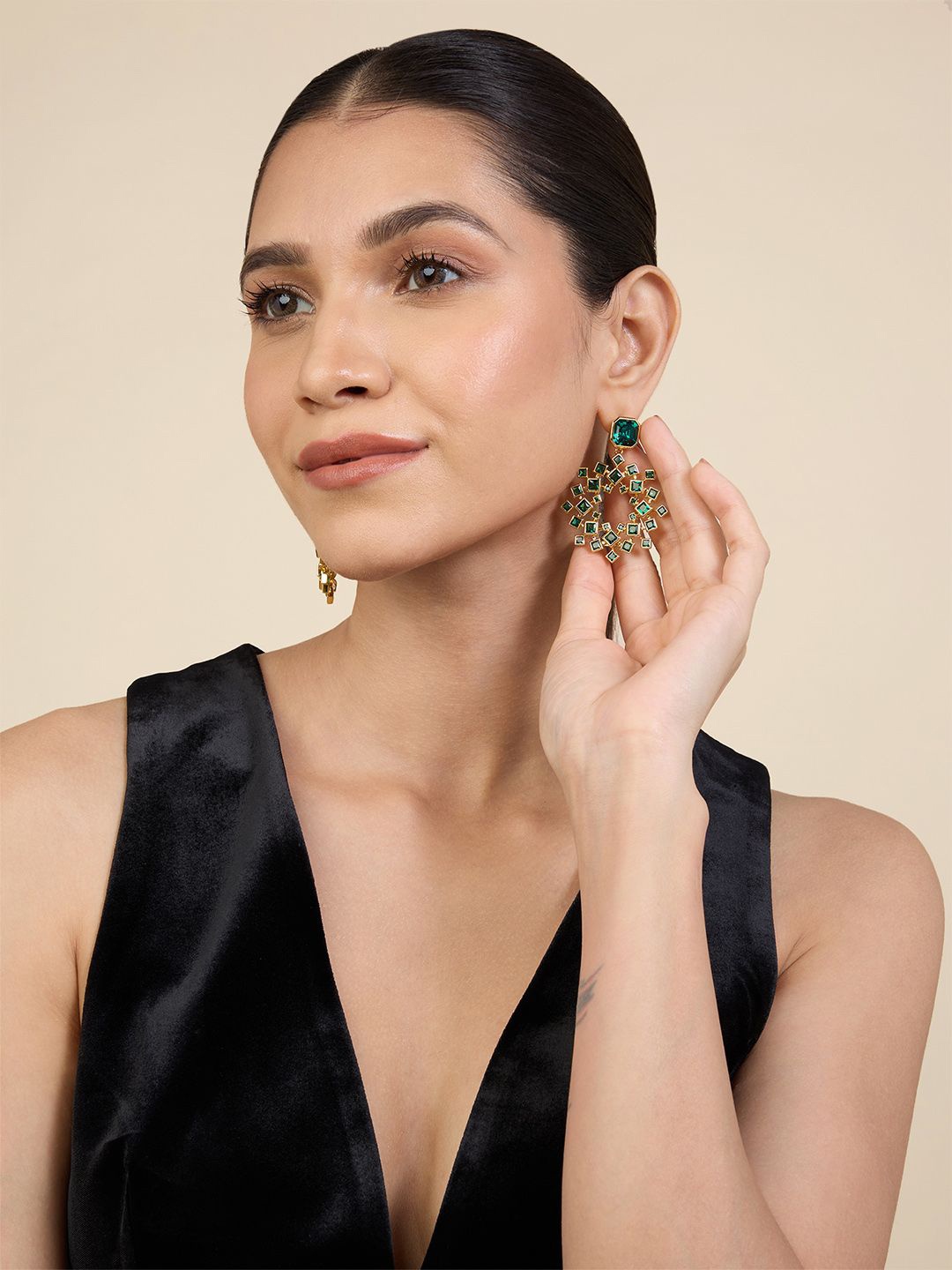 

Isharya 18KT Gold Plated Crystal Stone Studded Cosmic Flair Drop Earrings, Green