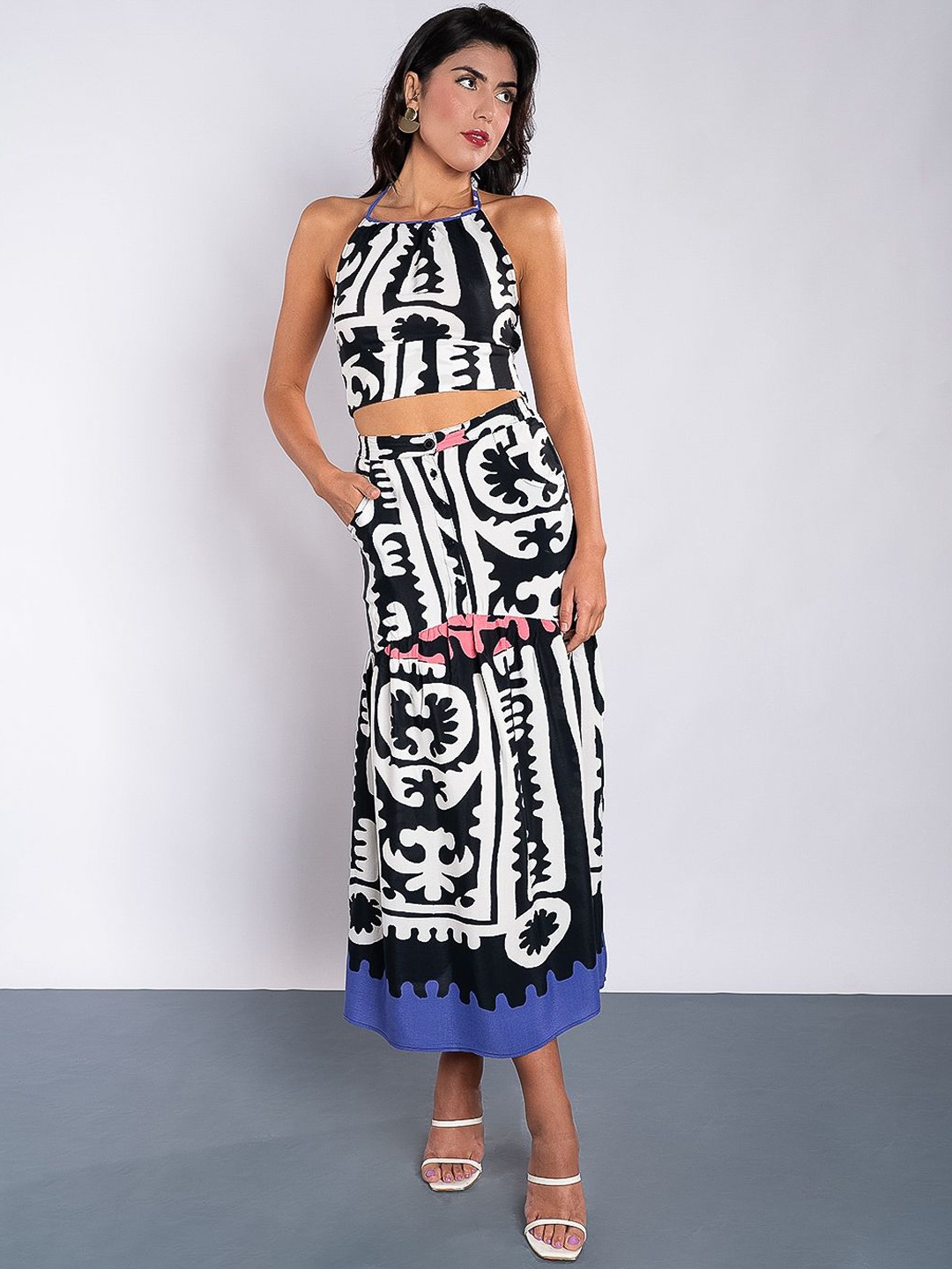 

DressBerry Printed Halter Neck Top With Skirt, Black
