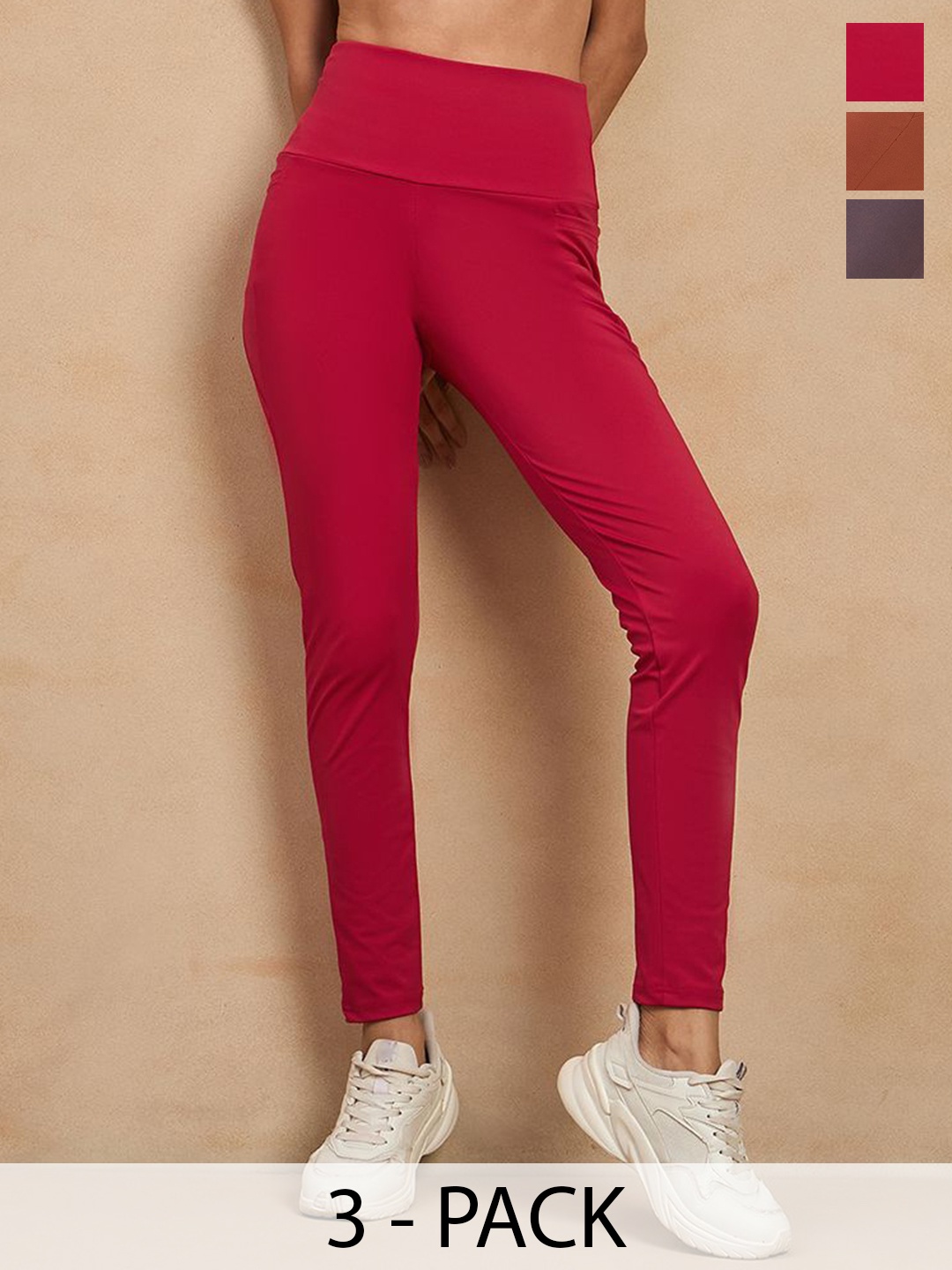 

COLOR CAPITAL Women Pack of 3 Skin Fit Antimicrobial Gym Tights, Red