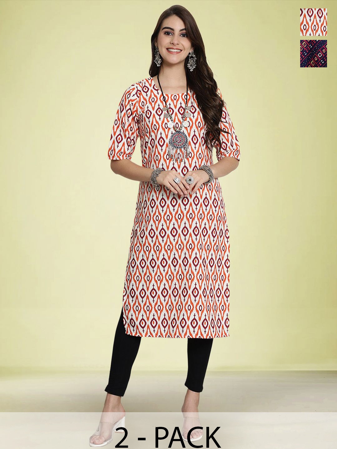 

Moda Rapido Pack Of 2 Ethnic Motifs Printed Straight Kurta, White