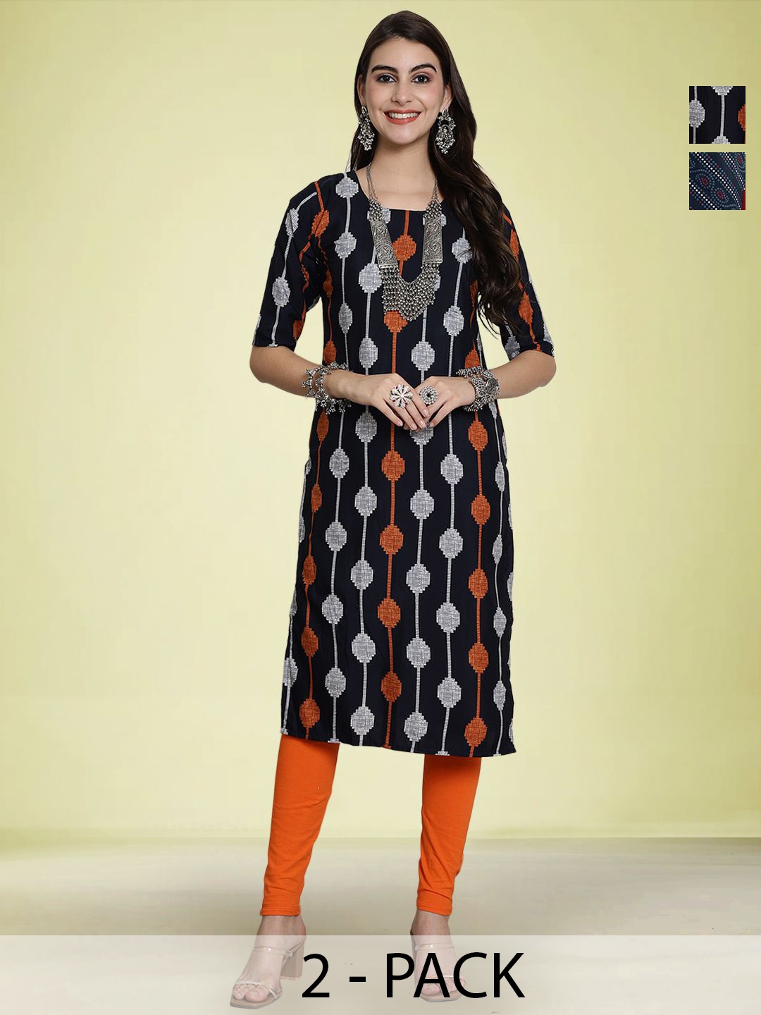 

Moda Rapido Selection Of 2 Geometric Printed Round Neck Straight Kurta s, Black