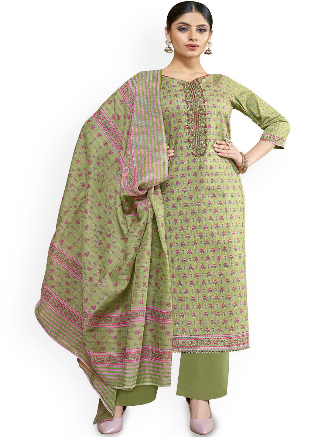 

DRAVINAM Trends Embroidered Pure Cotton Unstitched Dress Material, Green