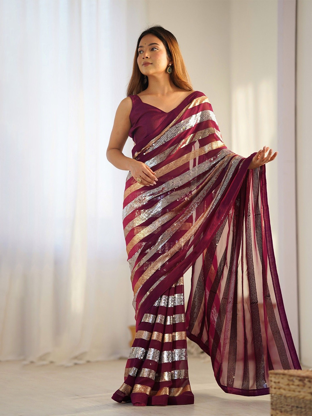 

MySilkLove Striped Sequinned Pure Georgette Heavy Work Saree, Purple