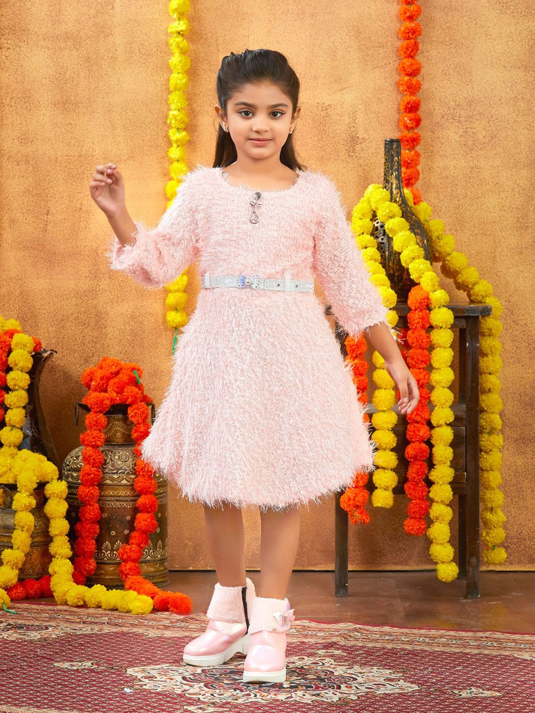 

HERE&NOW Girls Self Design Woollen A-Line Dress With Belt, Peach