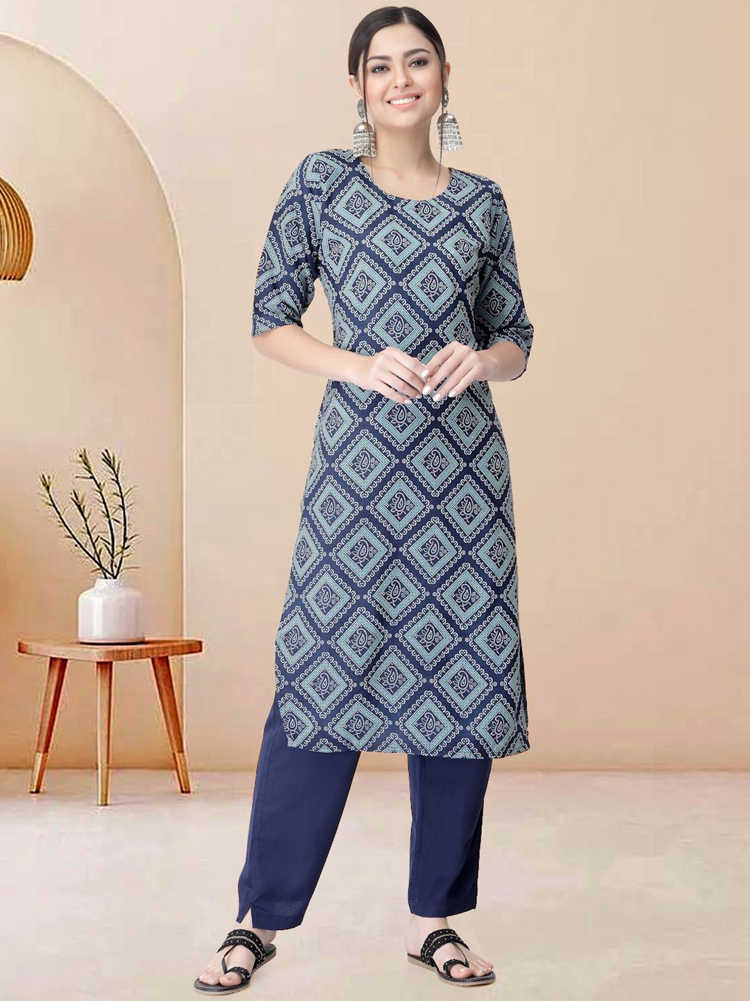 

Moda Rapido Bandhani Printed Round Neck Straight Kurta With Trouser, Blue