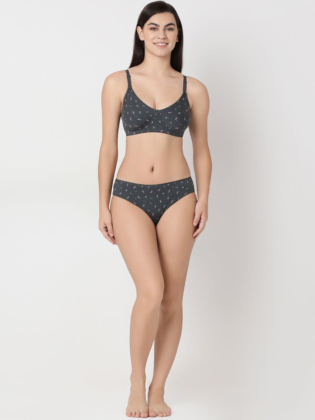 

Juliet Printed Cotton Non-Padded Lingerie Set, Grey